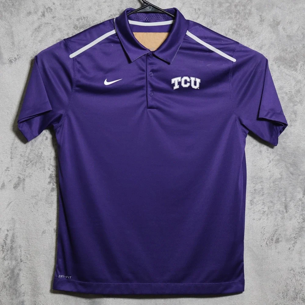 Nike TCU Polo Shirt Mens Large Purple Dri-Fit Horned Frogs Golf NCAA Football